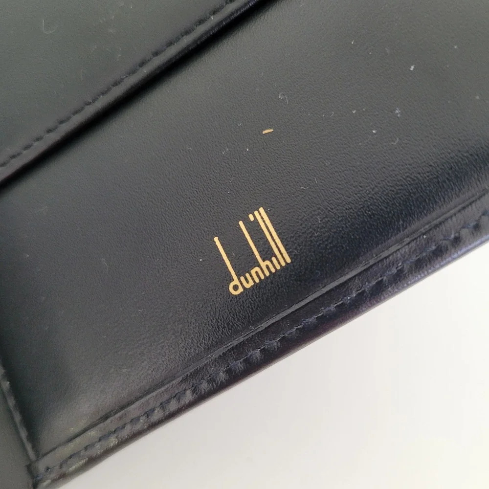 Dunhill London Mens Black Calf Leather Bifold Wallet Gold Hardware Coin Pocket